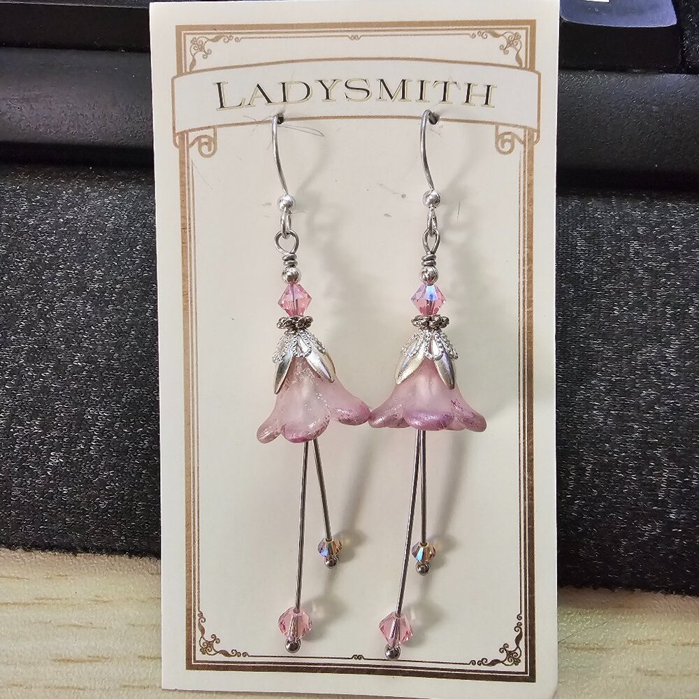 Ladysmith Pink Flower Bell Dangle Earrings | Silver Tone Floral Beaded Earrings